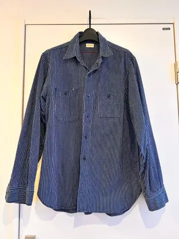 SUGAR CANE 스트라이프 긴팔 셔츠 네이비 계열 워크 가챠포켓