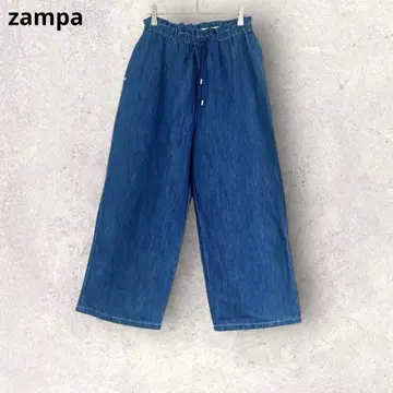 잔파 데님 와이드 팬츠 허리밴딩 릴랙스 M 면 마 혼방 캐주얼