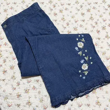 핑크하우스 PINKHOUSE 데님 팬츠 와이드 팬츠 블루 꽃무늬 자수