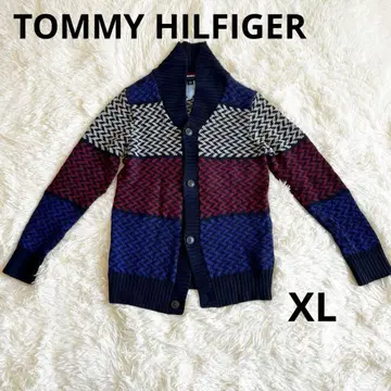 타미힐피거 헤링본 패턴 네이비 빨간색 화이트 니트 가디건