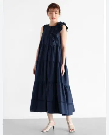 Vin navy 사이드 프릴 롱 원피스 일본제 야마다야