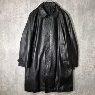 천연 가죽 레더 스텐 칼라 코트 블랙 히요쿠 버튼