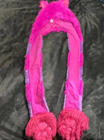 고양이 귀와 발바닥 패치가 달린 복슬복슬 스카프 모자 체셔 고양이