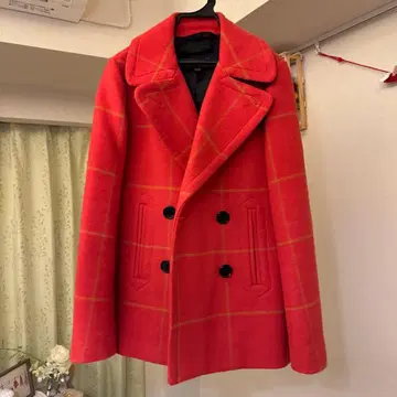 오렌지 계열 체크 무늬 울 혼방 피코트