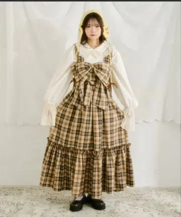 [쿠틸과 레트로] 리본 뷔스티에 SET 체크 오버롤 스커트