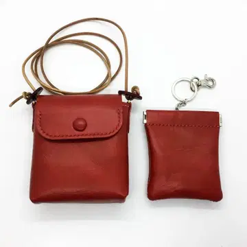 넥 파우치 스프링 파우치 세트 빨간색 가죽 천연 가죽 핸드메이드