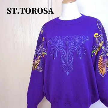 센트 로사 컬러풀 자수 크루넥 울 혼방 스웨터 퍼플 레트로 L