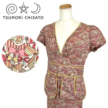 츠모리치사토 원피스 독립 포켓 올 패턴 리본 무늬 프렌치 소매 개성적