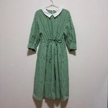 그린 컬러 깅엄 체크 반팔 원피스