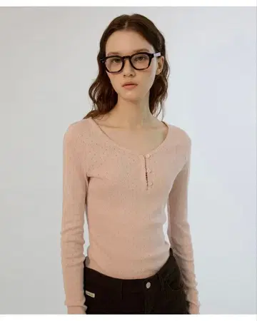 SOMEWHERE BUTTER 핑크 헨리넥 긴팔 T셔츠