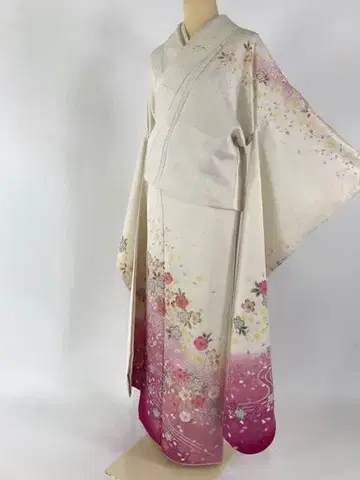 후리소데 크림 금채 순수 실크 171cm