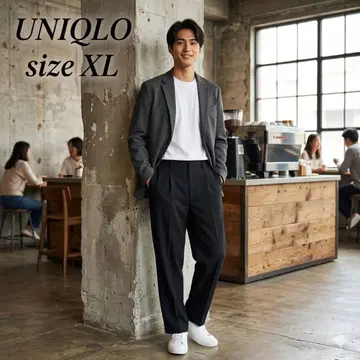 UNIQLO 턱 와이드 팬츠 남성용 XL 블랙 슬랙스 유니클로