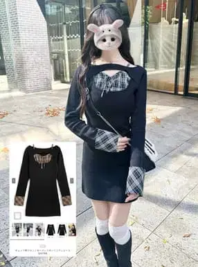 체크 무늬 프론트 오픈 리본 미니 원피스 pm784