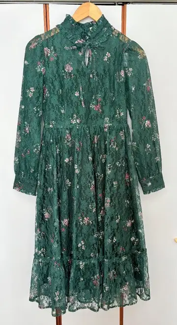 꽃무늬 레이스 긴팔 원피스 그린