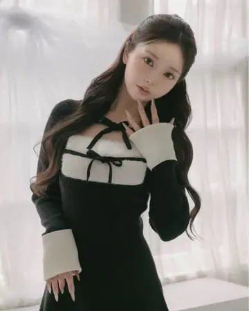 Darich 리본 퍼 프리 니트 미니 원피스