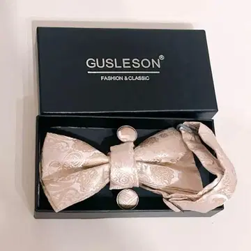 나비 넥타이 베이지 페이즐리 골드 결혼식 포켓 치프 커프스