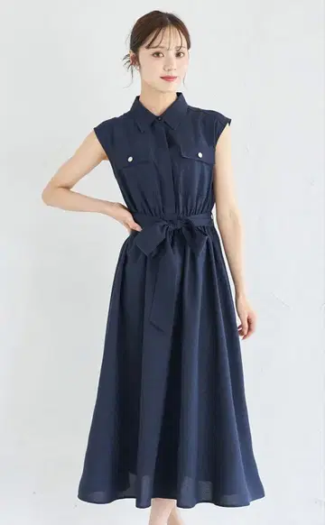 [새상품] 토코 클로젯 허리 리본 포함 린넨 라이크 셔츠 원피스