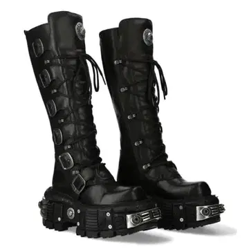 통굽 가죽 롱 부츠 블랙