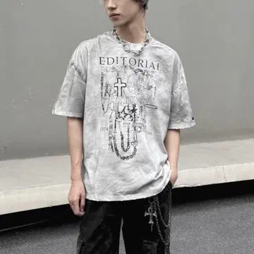 로자리오 체인 그래픽 로고 그런지 숏 슬리브 T셔츠 지뢰