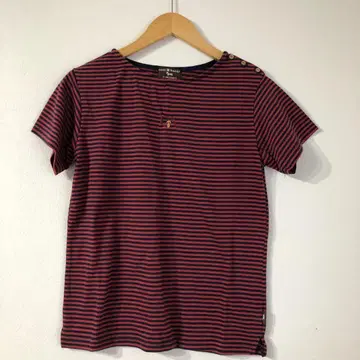 cost bazar 반팔 티셔츠 스트라이프 레드 자수 버튼