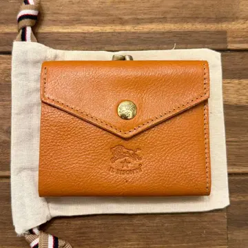 일비종떼 가마구치 접이식 지갑 미니 지갑 라이트 브라운 브라운 로고 엠보