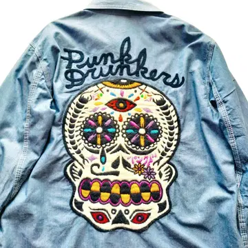 [극 레어] 펑크 드렁커스 자수 샴브레이 셔츠 멕시칸 스컬 L