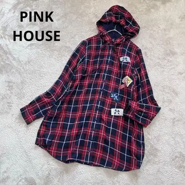 새상품급 핑크하우스 거즈풍 체크 와펜 후드 셔츠 블라우스