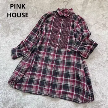 새상품급 핑크하우스 프릴 체크 절개 블라우스 셔츠 튜닉