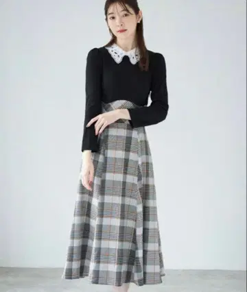 레이스 카라 부착 체크 무늬 백 레이스업 도킹 원피스