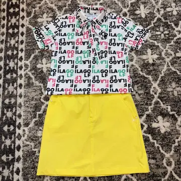 FILA 컬러풀 로고 셔츠와 PING 옐로우 컬러 스커트 L 세트 판매