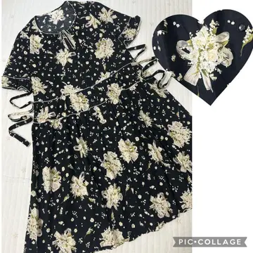 핑크하우스 화이트 로즈 장미 원피스 리본 꽃다발 면 블랙