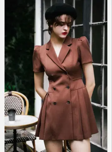 sheller 퍼프 슬리브 플리츠 재킷 드레스