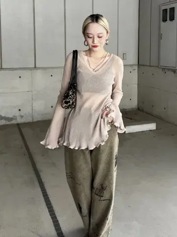 SHEER FRILL V NECK KNIT TOP ameri