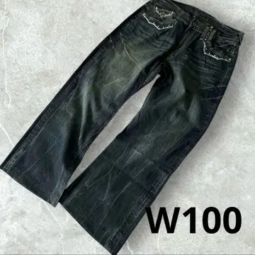 ORIRIN 데미지 가공 다크 블루 데님 스터드 자수 오니히게 와이드