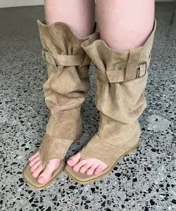 레어 택 포함 블론디 스웨이드 통 토롱 부츠 샌들 베이지 인조 가죽