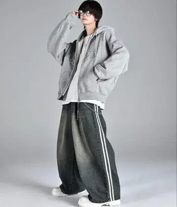 헤비 웨이트 로고 세미 숏 빈티지 더블 지퍼 후드티