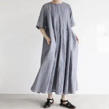 아틀리에 드 사봉 수작업 자수 깅엄 턱 원피스