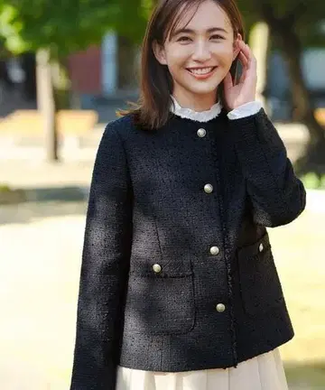 ANY SIS 노카라 프린지 트위드 자켓 M 네이비