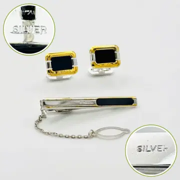 S.폰타나 넥타이핀 커프스 세트 SILVER 실버 각인 오닉스