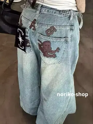 badblood 자수 디자인 와이드 레그 데님 팬츠