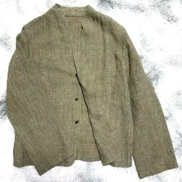 요건 레일 린넨 100% 노카라 자켓 L 카키 초목색 그린