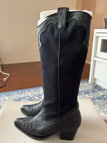 면 웨스턴 스타일 블랙 롱 부츠