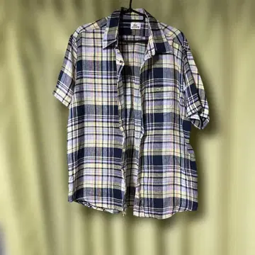 LACOSTE 체크 무늬 반팔 셔츠 - 린넨 100%