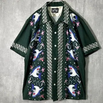 레어 DRESS HIPPY 올 패턴 상어 셔츠 그린 반팔 새상품급