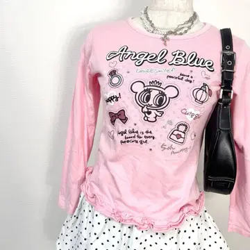 y2k 00s ANGEL BLUE 키라리 쨩 라메 로고 프릴 롱T