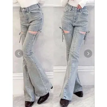 [ 미사용 새상품 ] RESEXXY 컷 아웃 리본 데님 팬츠 아이스 블루