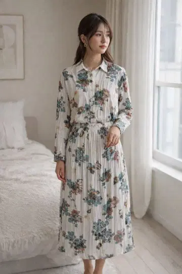 [ 미즈이로 인드 ] 셋업 롱 스커트 꽃무늬 플리츠 가공