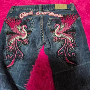 Red Pepper 핑크 봉황 자수 데님 팬츠