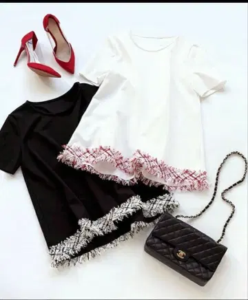 [ 새상품 ] Liala x PG 트위드 프린지 헤임 A라인 티셔츠