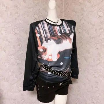 헤이세이 갸루 Y2K 고양이 프린트 긴팔 상의 그런지